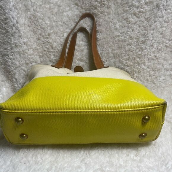 Fossil Beige canvas & neon green coated Tote  leather tan straps & brass key - Picture 9 of 16